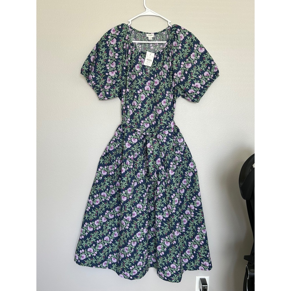 J. Crew Puff Sleeve drop waist belted Floral midi Kentucky derby dress14 NWT - Picture 3 of 8